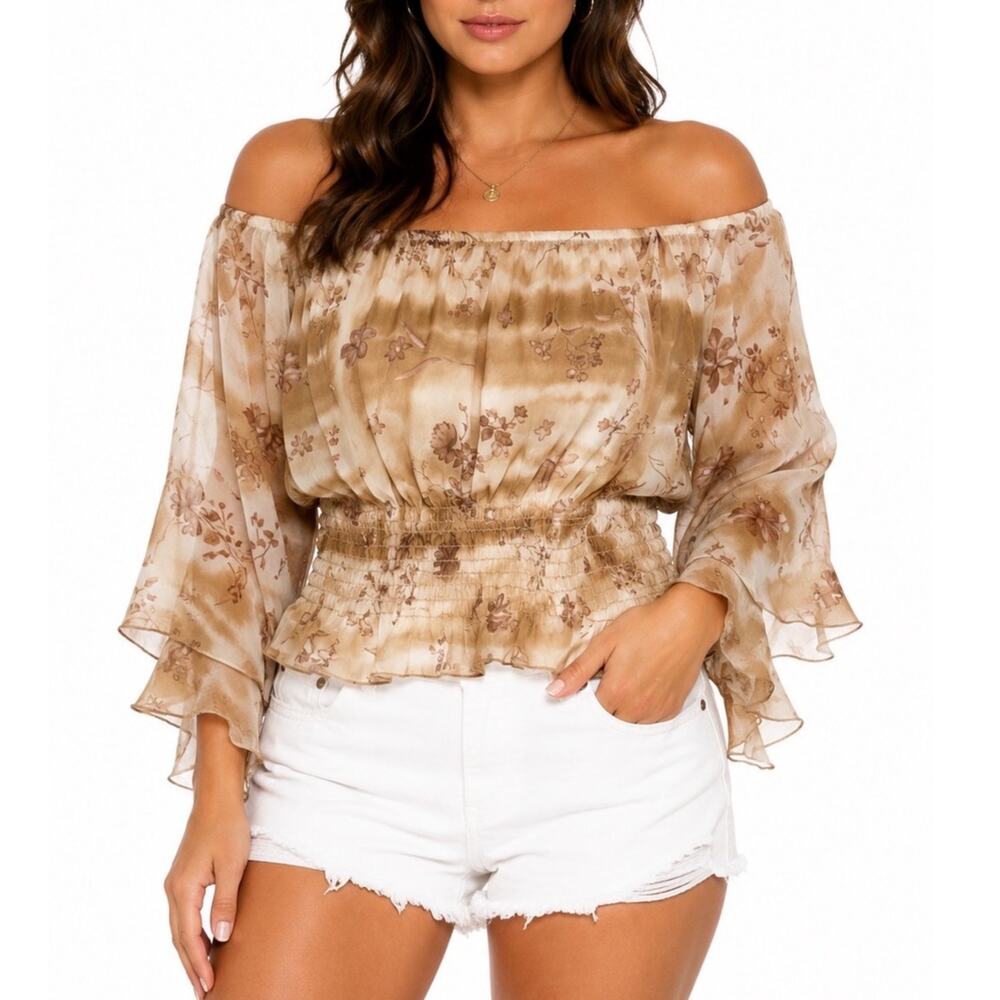 S/M VTG Y2k RAVE Tan Sheer Flowy Off Shoulder Crop Boho Gauzy Peasant Blouse Top